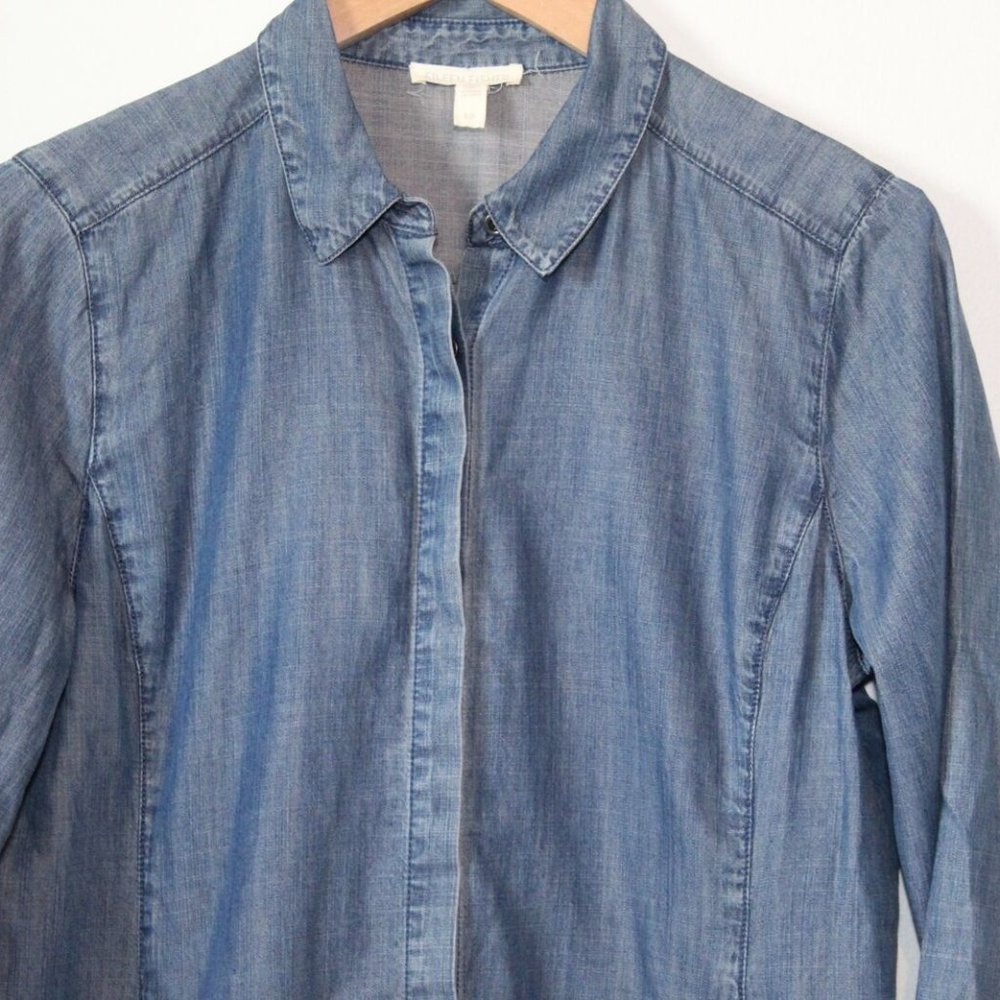 Eileen Fisher Classic Collar Chambray Denim Shirt Dress Blue Size Small H12304 - Picture 4 of 11